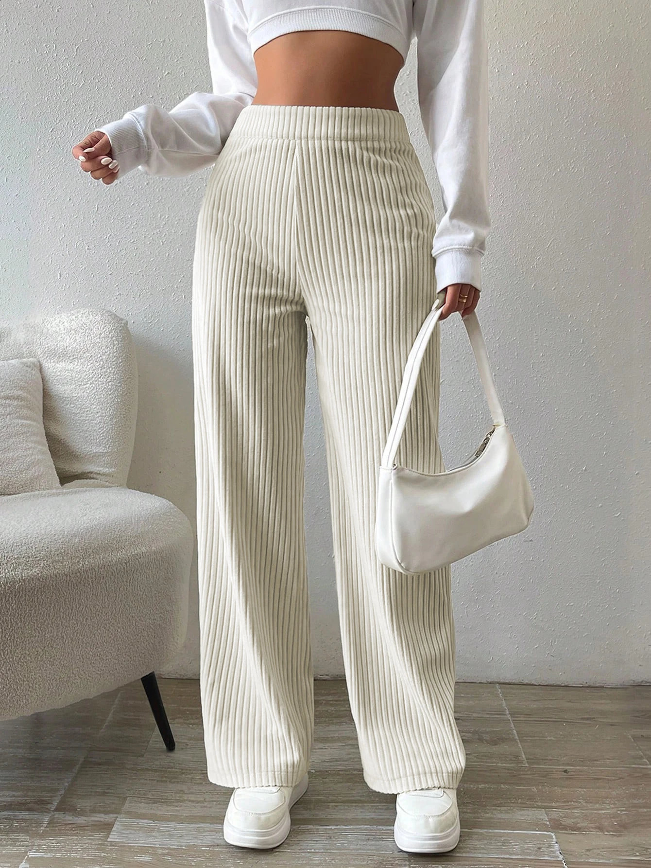 Womens Beige Corduroy Wide Leg Pants High Waist Elastic Waistband Ribbed Texture Casual Minimalist Spring Streetwear Trousers 260707 66