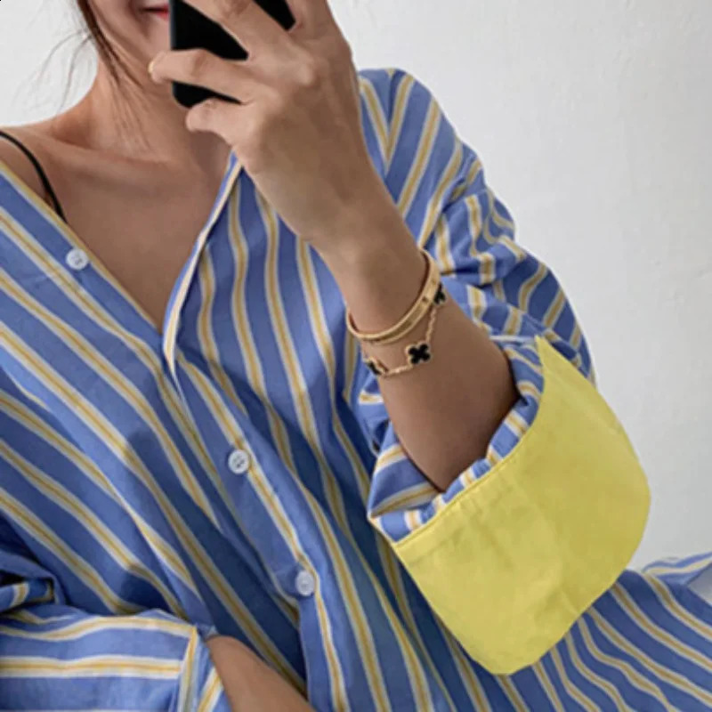 Spring Autumn Loose Womens Striped Shirt Color Block Base Layer Casual Top Fashionable Long Sleeve Cotton Polo Collar 260711banjia