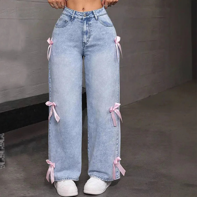2025 y Womens Jeans Street Chic Style Bowknot n Washed Denim Pants Loose Straight Wide Leg For y2kk 260701 6a