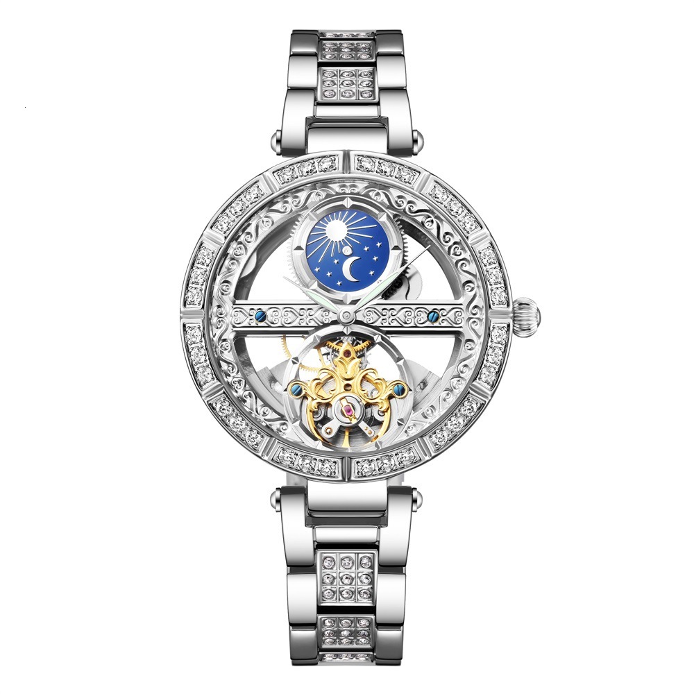 2026 New Luxury Diamond Inlay Hollow Automatic Mechanical Watch Sun Moon Display Stainless Steel Strap Ladies Business Casual Timepiece