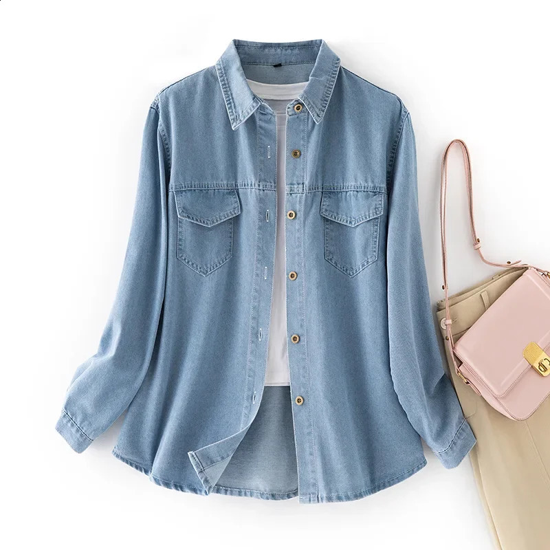 Retro Soft Denim Casual Loose Long Sleeve Shirt Womens Spring Autumn Style Polo Collar Pocket Outerwear Coat 260711banjia