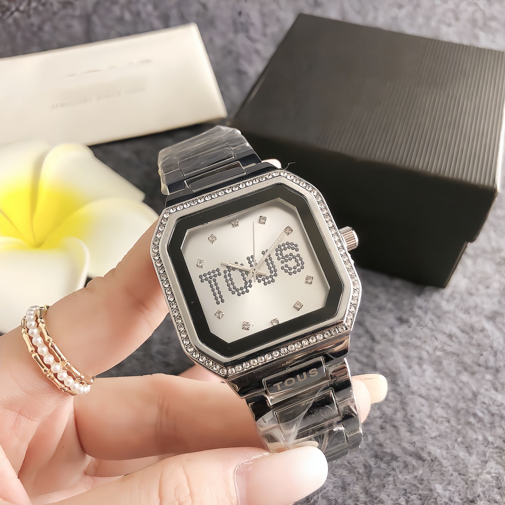 New Fashion Women Men Silver Rose Gold Stainless Steel Black Zircon Bear Electronic Watch Square Letter Wire Pulsera Bracelet Span Jewelry-image-1114893541