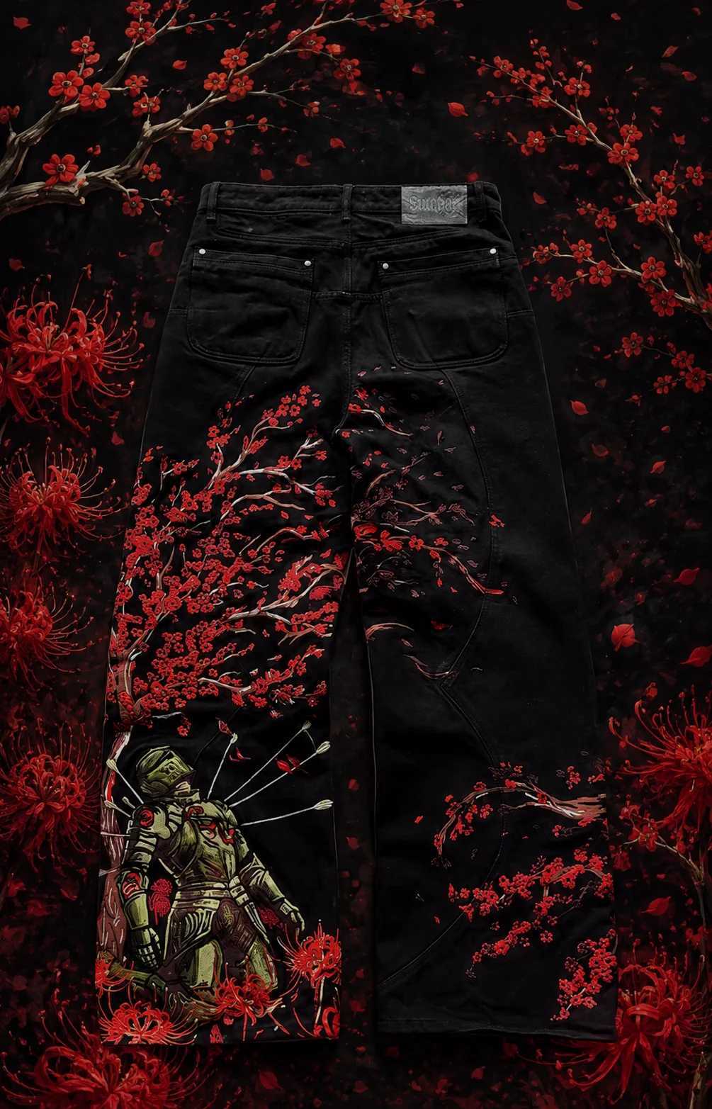 Y2k Vintage Red Spider Lily Fallen Knight Embroidery Jeans Baggy Straight Denim Pants Punk Rivet Cargo Pants Men Clothes Jeans C260713