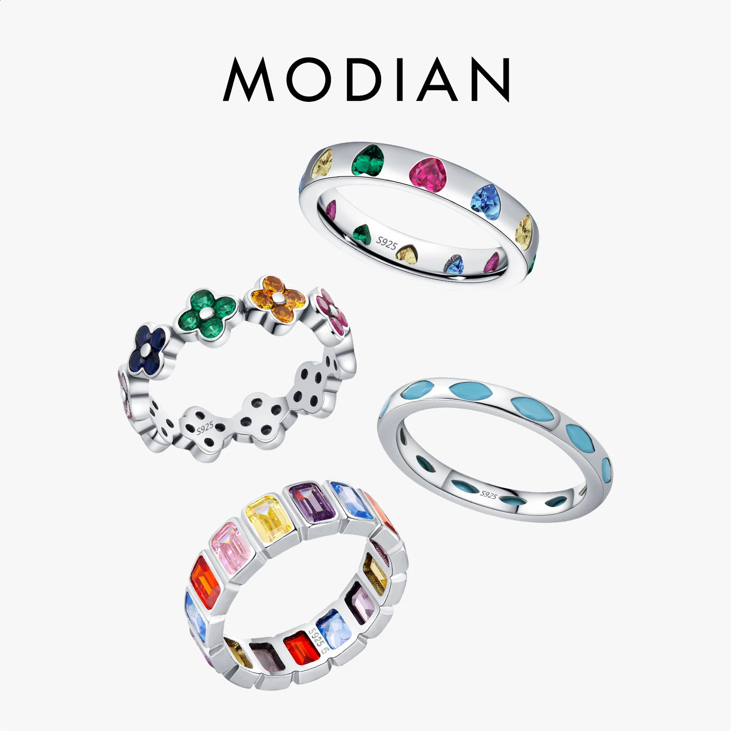 MODIAN 925 Sterling Silver Original n Four Leaf Clover Heart CZ Band Stackable Fashion Ring For Women Fine Jewelry 260711BJ