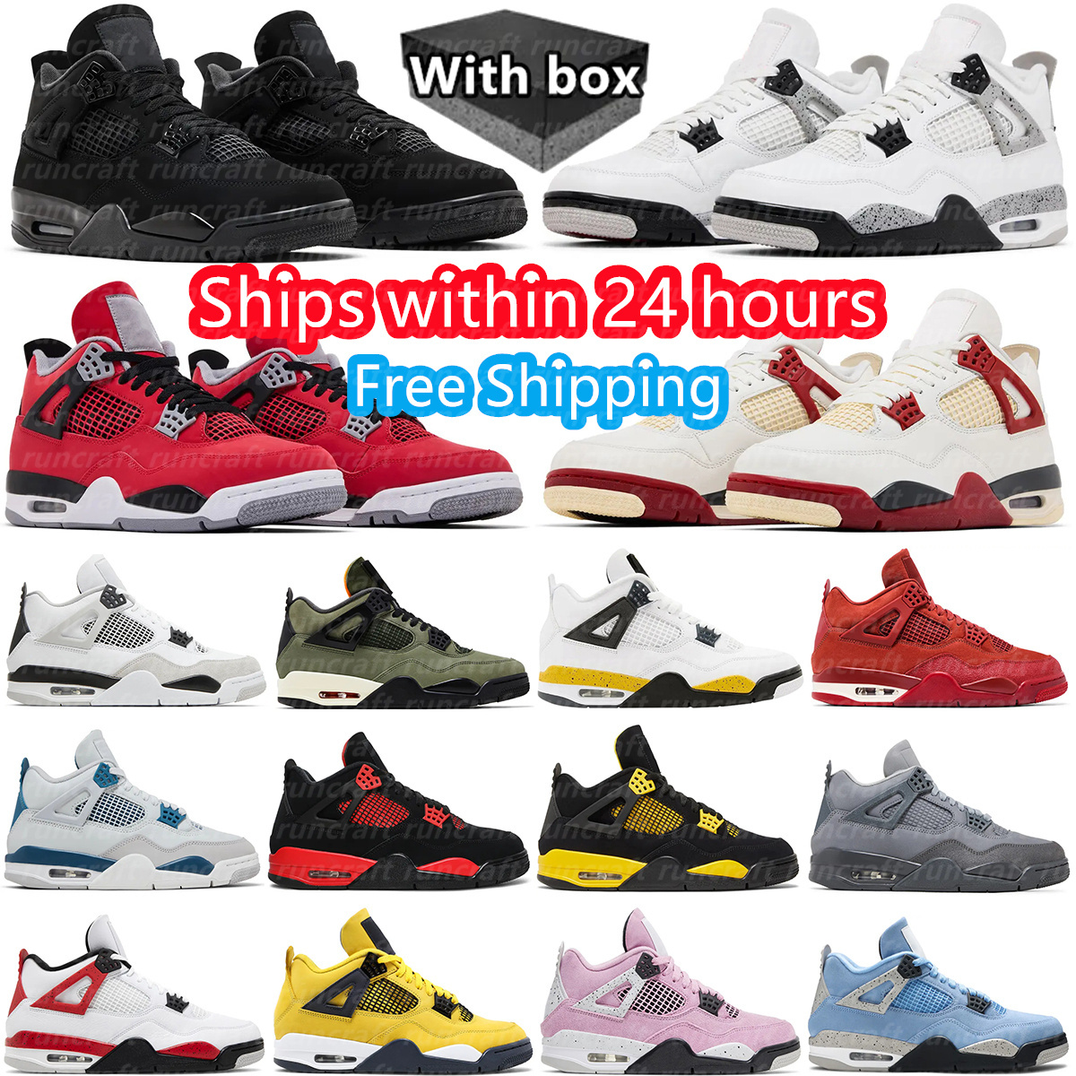 Free Shipping Basketball Shoes 4 Black Cat 2025 White Cement Undefeated Bred Red Thunder Tour Yellow Military Black 4s Sneakers