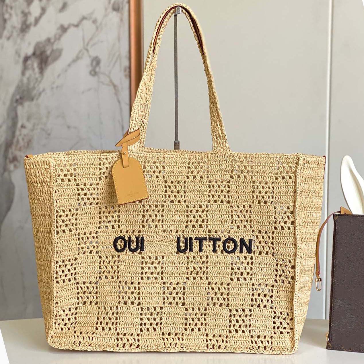 10A Designer Raffia Beach Tote Shoulder Bag Straw Bag Handwoven Natural Straw Damier Checkboard Pattern Leather Trim Summer Vacation Shoulder Bag-image-945155287