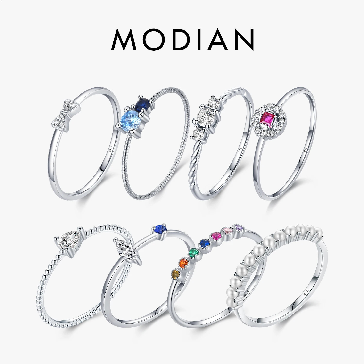 MODIAN 925 Sterling Silver Crown Bubble Pearl Rainbow Stackable Rings For Women Clear CZ Wedding Engagement Jewelry 260711BJ