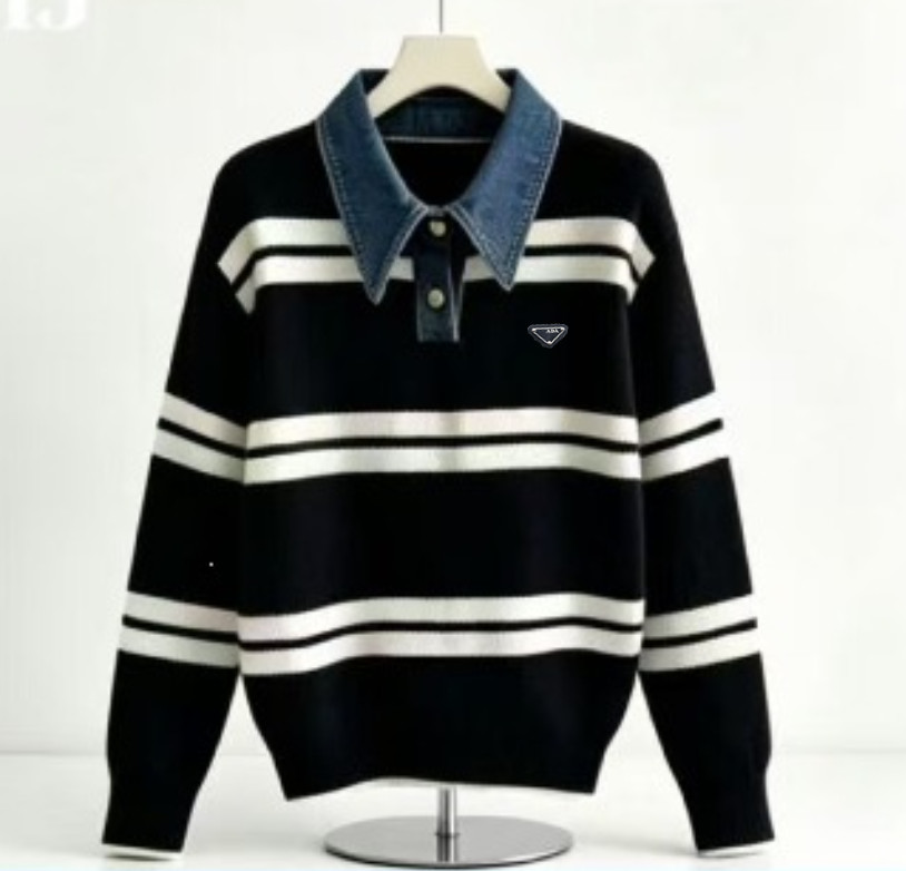 Women Designer Casual Sexy Knit Fake two-piece new spring/autumn style denim-collar knitted sweater womens casual striped top