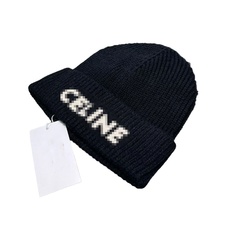 Designer knitted cap, black brim cap, CEL embroidered wool cap, warm cap, men's and women's borderless cap, woolen cap