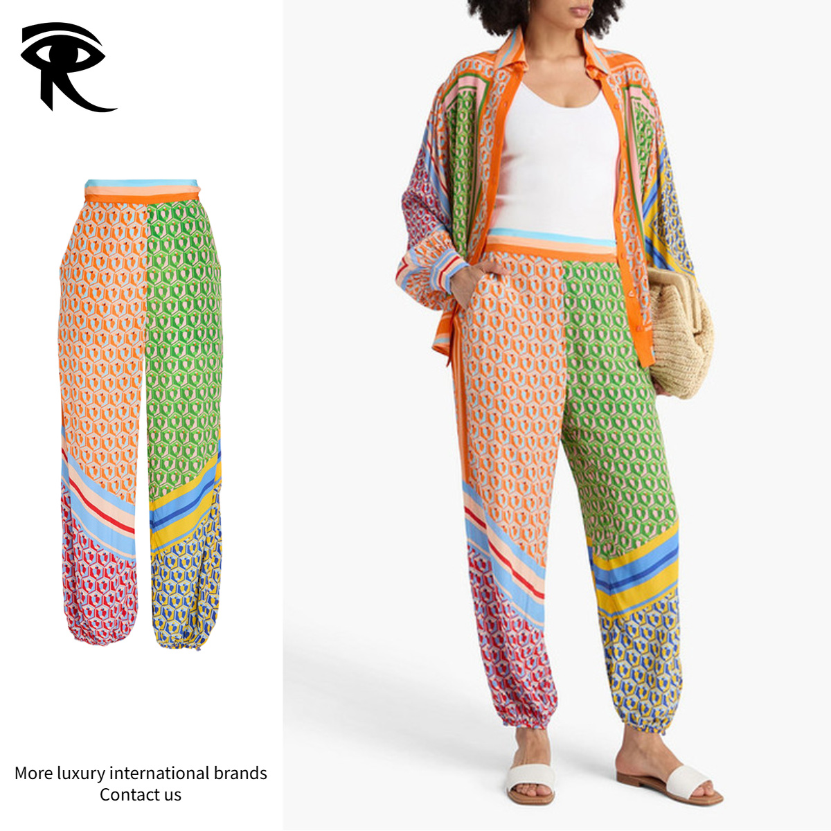 2026 Vintage Boho géométrique nid d'abeille imprimé 2 pièces ensemble femmes luxe couleur bloc Resortwear surdimensionné chemise et pantalon pant