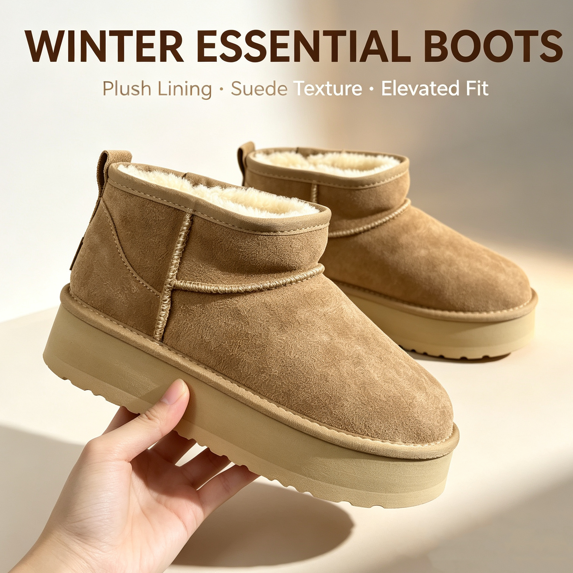 2026Autumn and winter Tasman furry boots Chestnut suede with a woolly soft cushion design Designer boots There are options for boots with thick heel