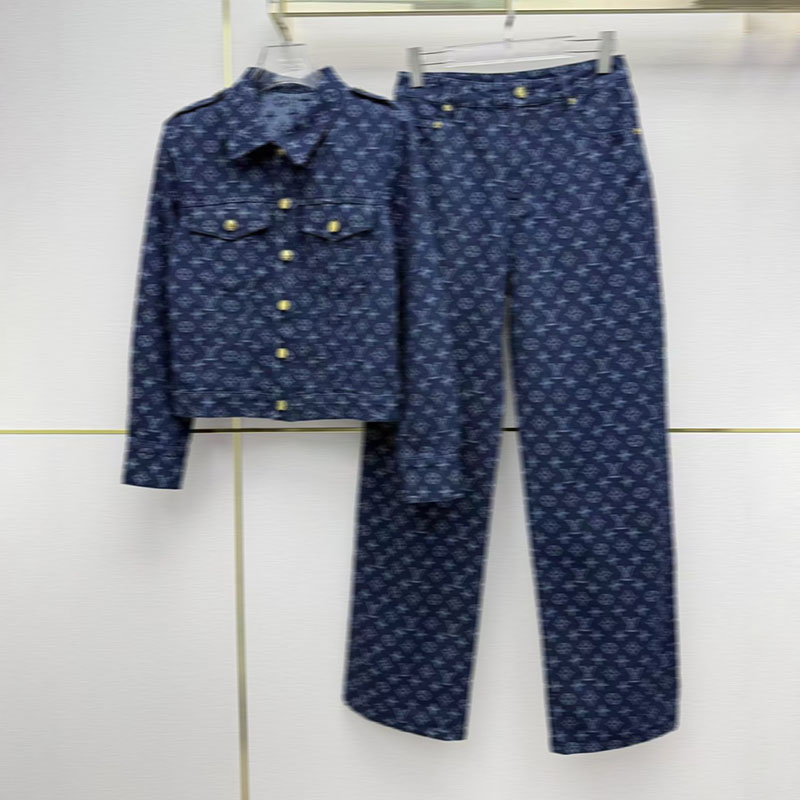 New Women's Fashion Collar Button Denim Long Sleeve Jacket Top Printed Pants Denim Classic Set Fashion Printed Women's High Quality Set As