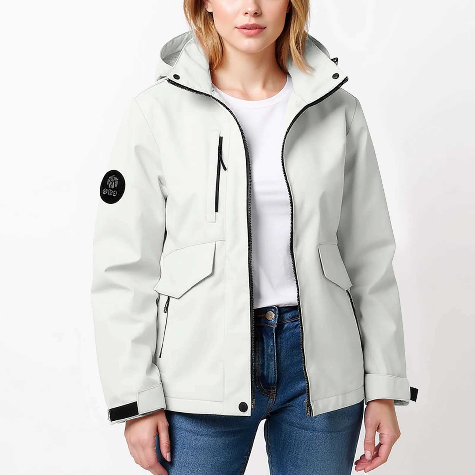 Thin Womens Breathable Hiking Jackets Solid Color Long Slved Loose Hoodie Outdoor Windproof and Waterproof Rain Jacket Coat L26713