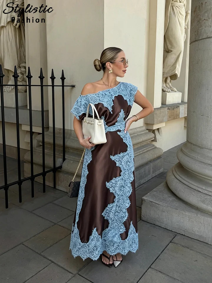Elegant Lace Patchwork Long Womens Dress Urban Skew-collar Short Sleeve Empire Female Dresses 2026 Summer Vacation Lady Robe 260713