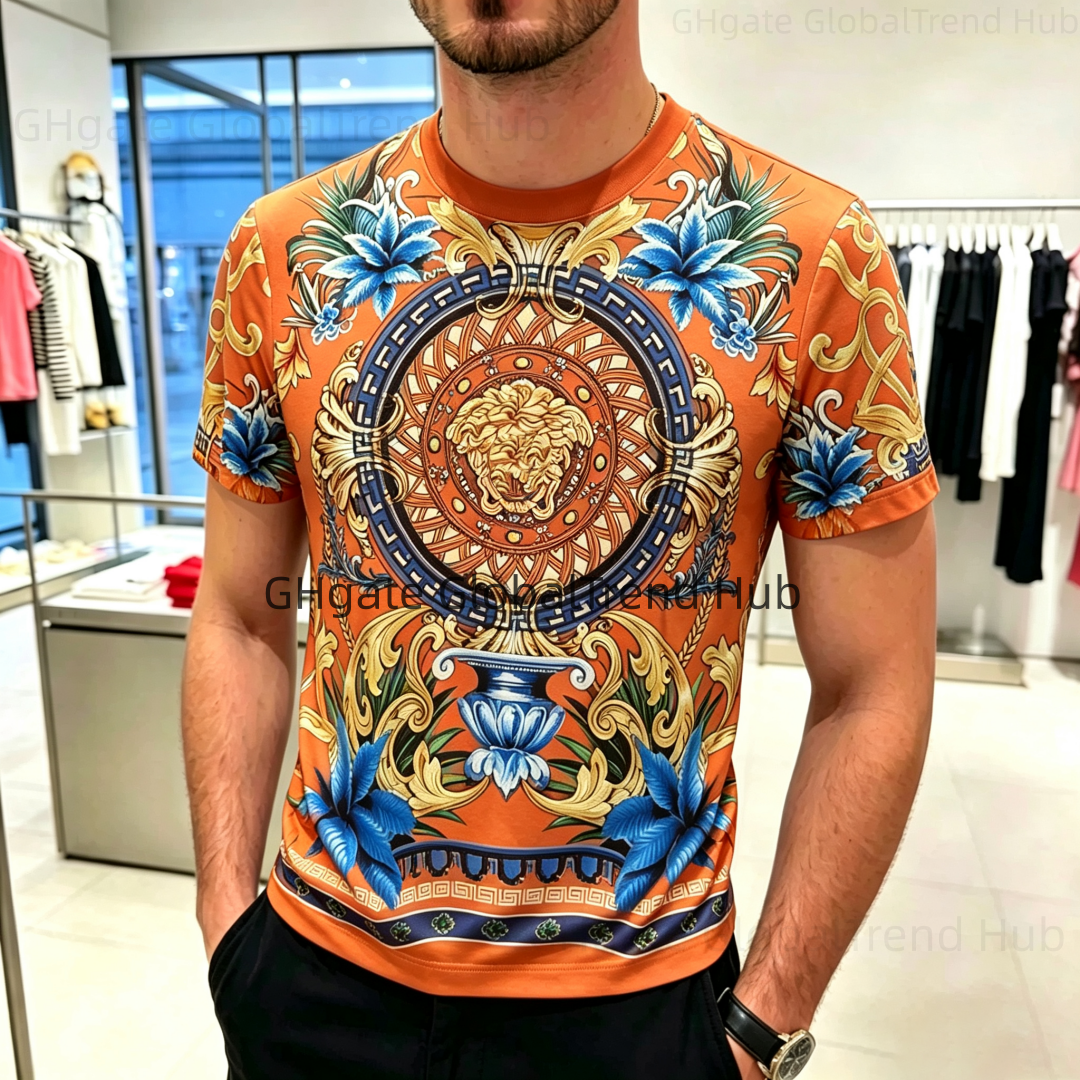 Designe t shirt Mens Orange Floral Printed T-Shirt High End Baroque Pattern Short Sleeve O Neck Luxury Brand Tee Soft Cotton Casual Daily Male Top