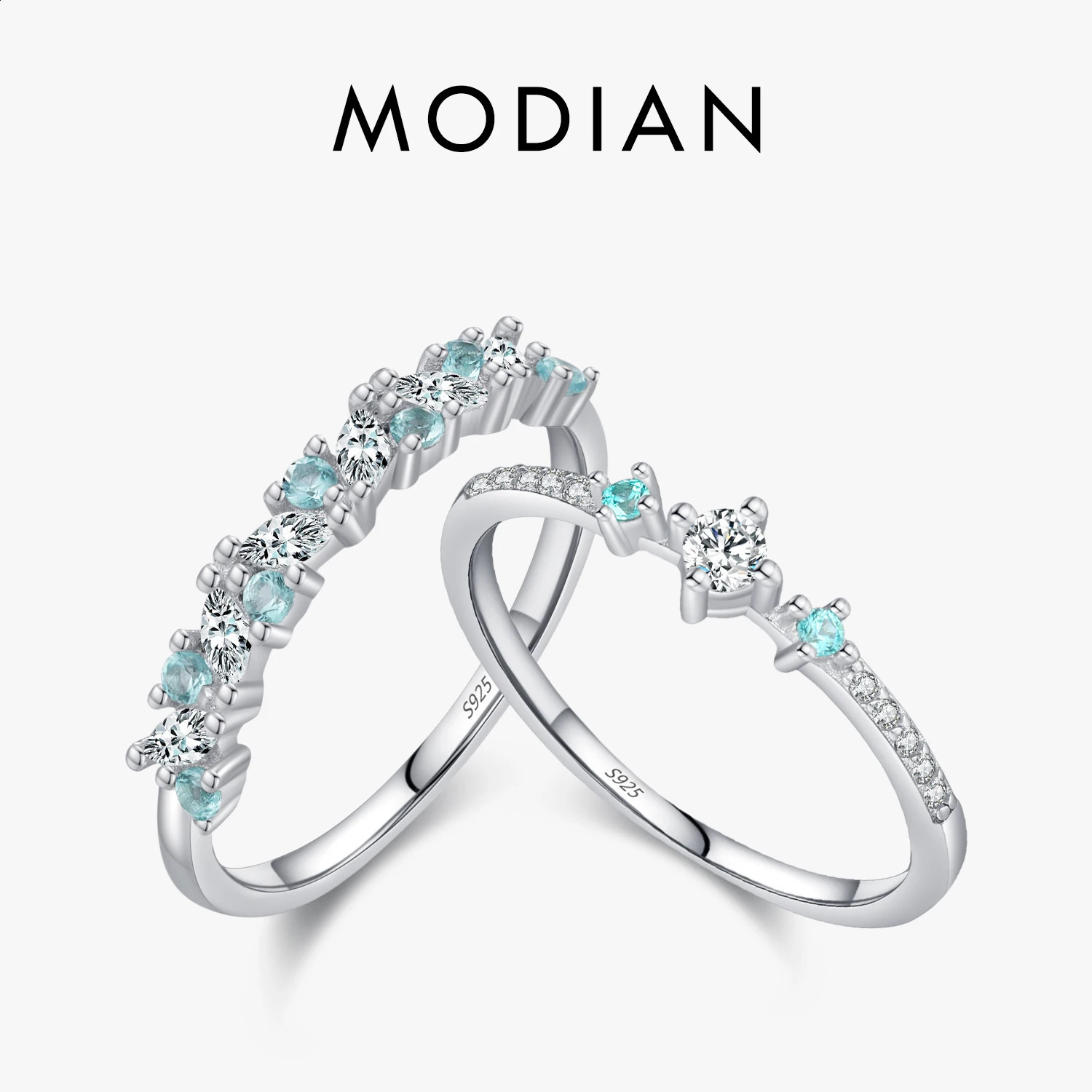 MODIAN 925 Sterling Silver Exquisite Band Paraiba Color CZ Ring Mint Green Stackable Rings For Women Fine Jewelry 260711BJ