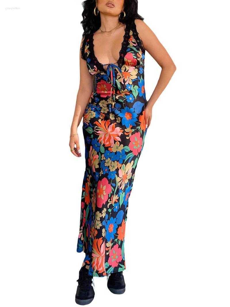 Sexy deep V-neck lace patchwork printed sleeveless dress fitted floral print bodycon dress 2026 summer collection L261027
