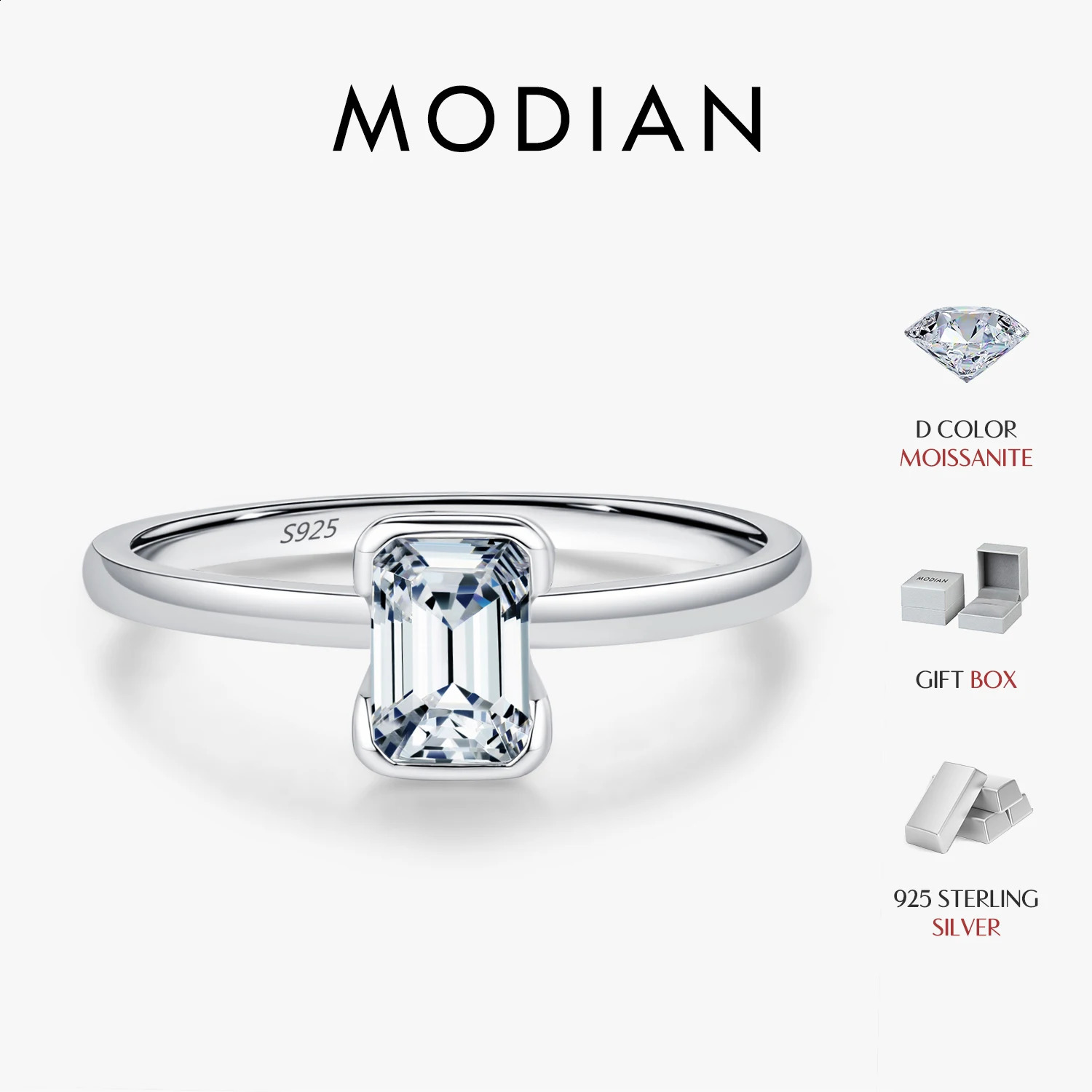 MODIAN 08Ct VVS1 Rectangle Emerald Cut Ring 925 Sterling Silver Classic Rings For Women Wedding Fine Jewelry Gift 260711BJ