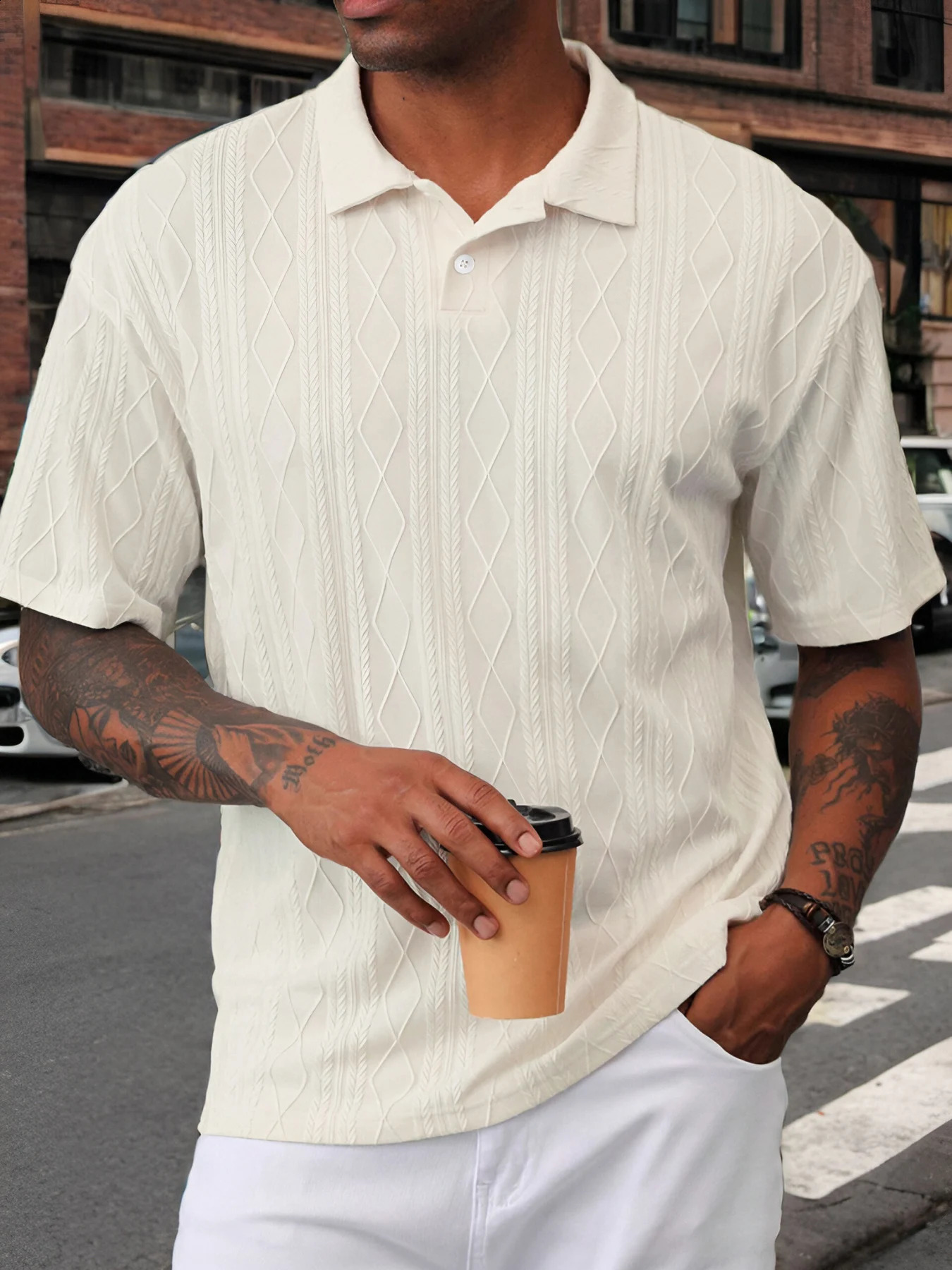 Mens Beige Argyle Texture Short Sleeve Polo Shirt Summer Loose Smart Casual Top 260711