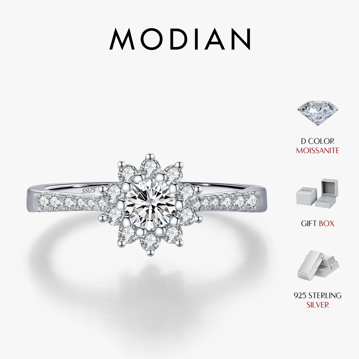 MODIAN D Color y Halo Rings 925 Sterling Silver Sparkling Wedding Engagement Rings For Women Fine Jewelry 260711BJ