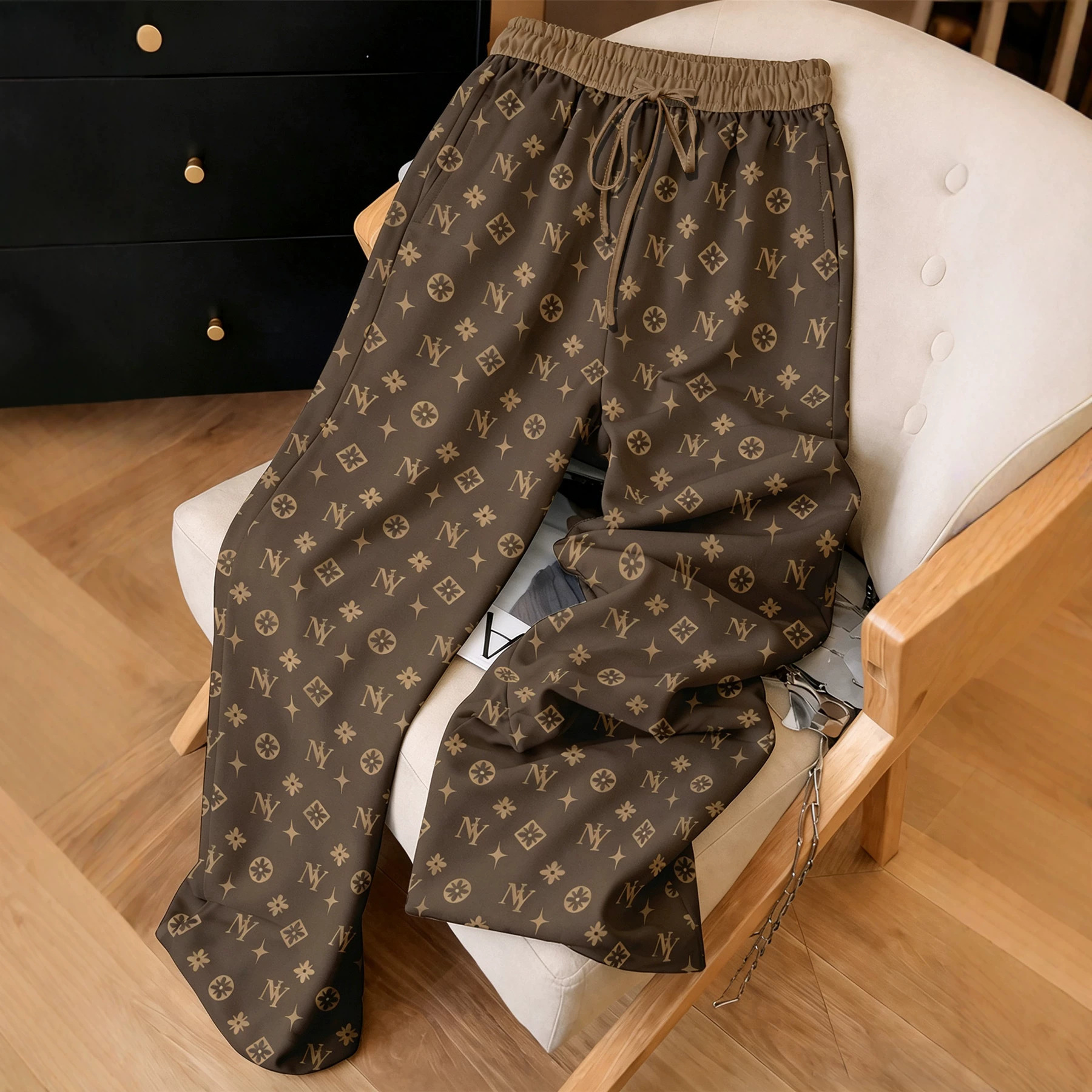 Luxury Brand Designer Clothes 2026 European And American Cross-Border Retro Letter Print Drawstring Elastic Waist Casual High-Waisted Wide-Leg Pants