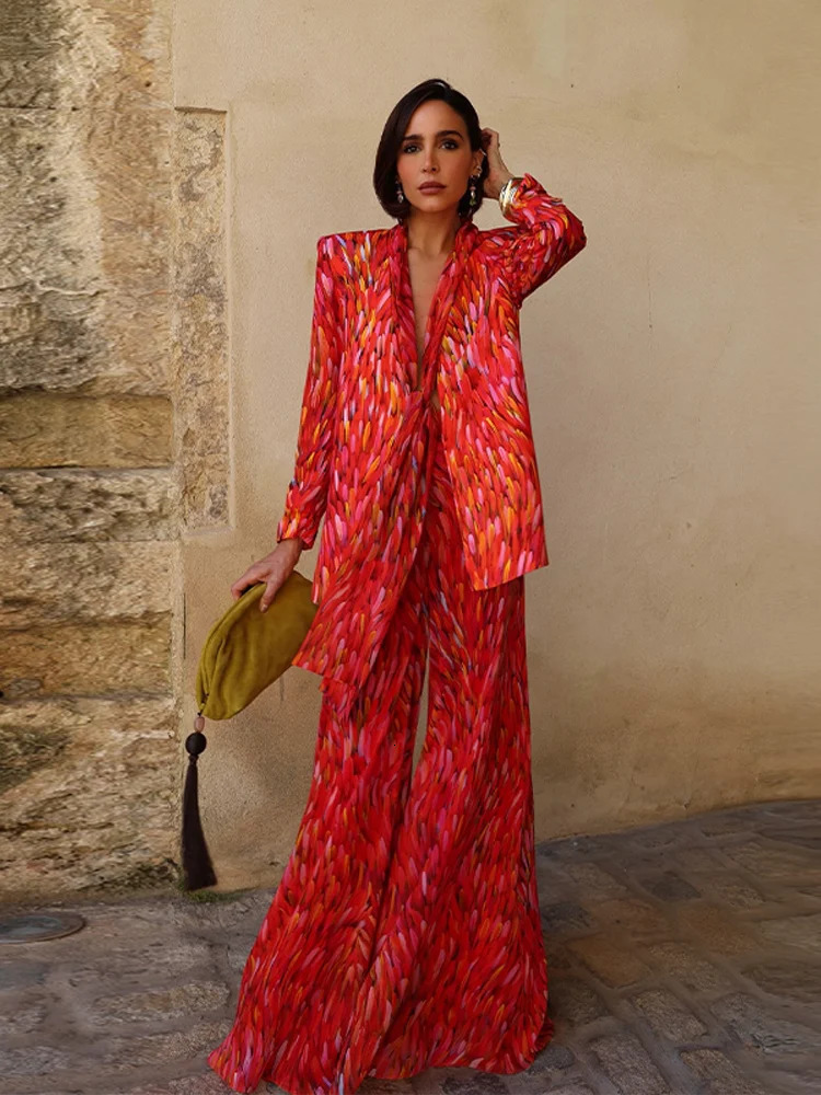 Spring Set Womens Two Piece Set Floral Print Suit Top V-Neck Blazer Wide-Leg Pants Trousers Daily Woman Clothes Vacation Wear 260714BJ