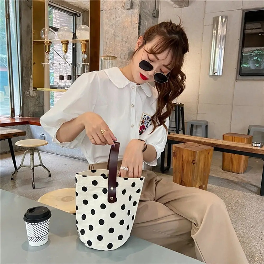 Simple Wave Point Polka Dot Canvas Bucket Bag Korean Style Large Capacity Handbag Lunch Bag Tote Bag Mummy Bag Shopping Bags 260713BJ
