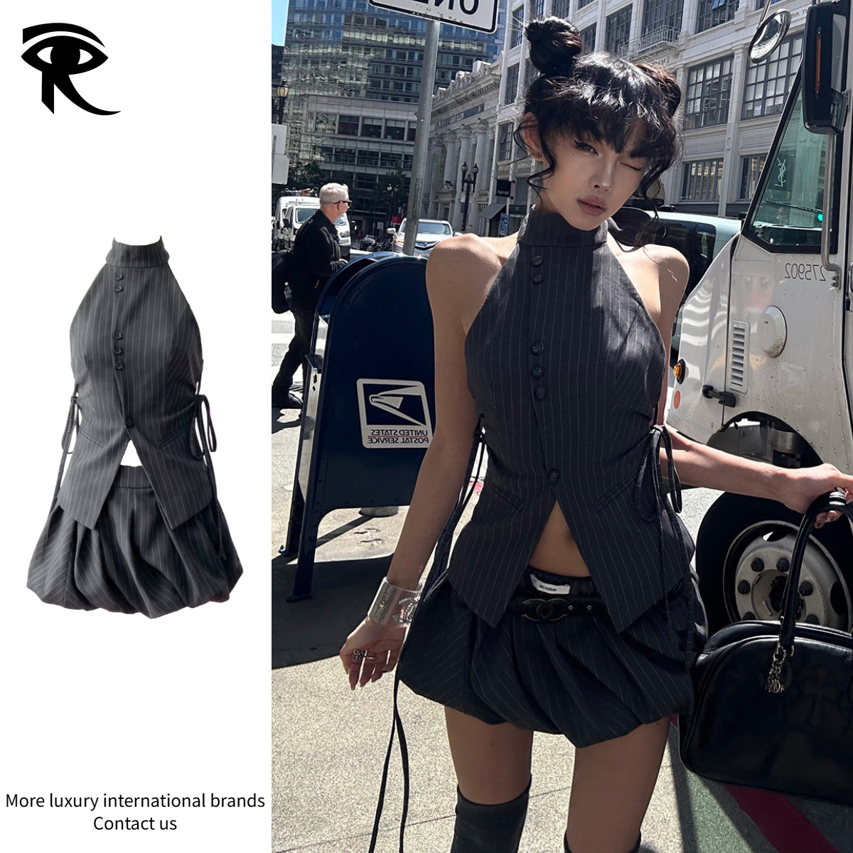 2026 Y2K Costume à fines rayures Ensemble gilet licou et mini-jupe à bulles, haut court sans manches gris sirène de bureau jupe ballon 2 pièces t