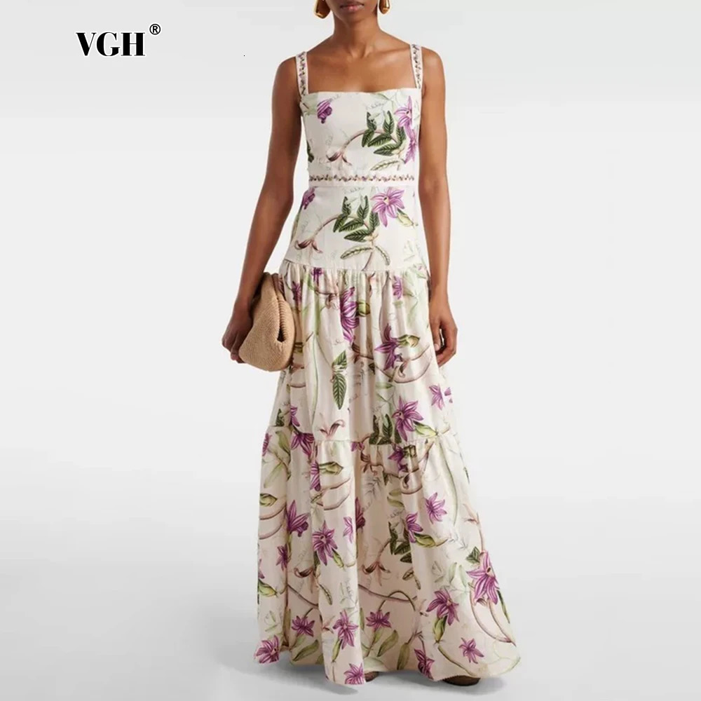 VGH Boho Casual Outings Floral Print Sundress Women Square Collar Sleeveless Tiered Accent Maxi Skirt for Beach Vacations 260714