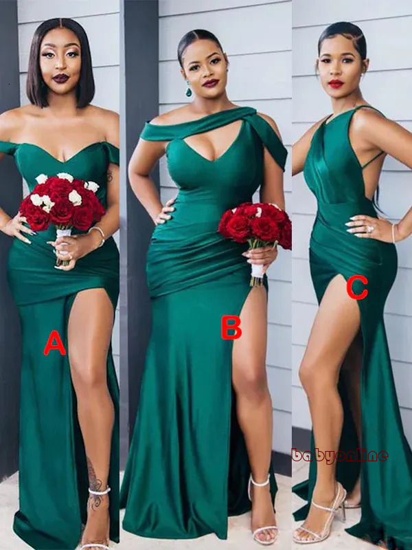 Hunter Green Mermaid Bridesmaid Dresses One Shoulder High Split Satin Evening Prom Second Birthday Dinner Party Formal Gowns Dress Zj0336