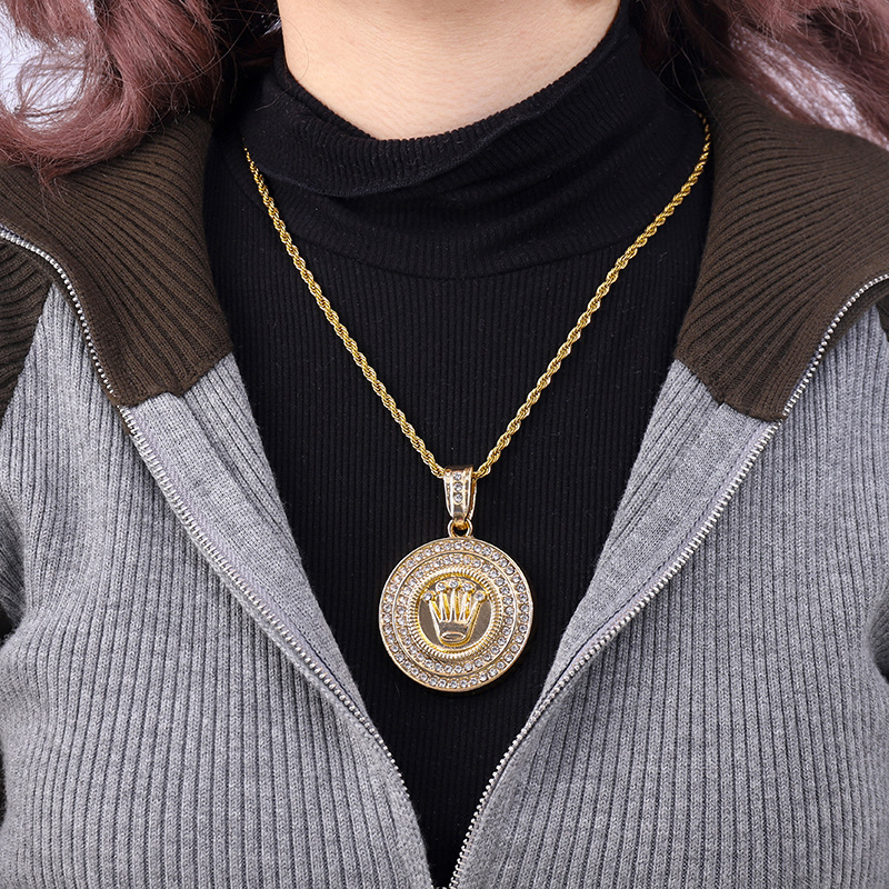Double Circle Diamond Round Crown Pendant Long Necklace Jewelry Street Dance Accessories Custom Personality Hip Hop