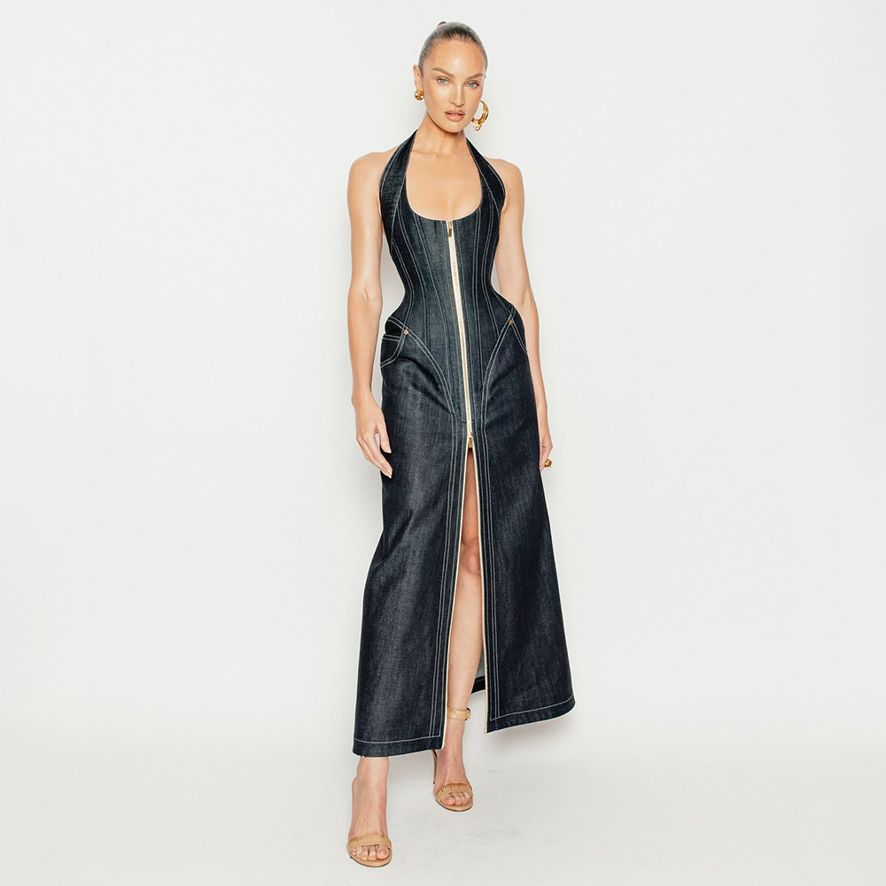 Temperament elegant solid color sleeveless neck slim halter hip wrap dress denim new models dress
