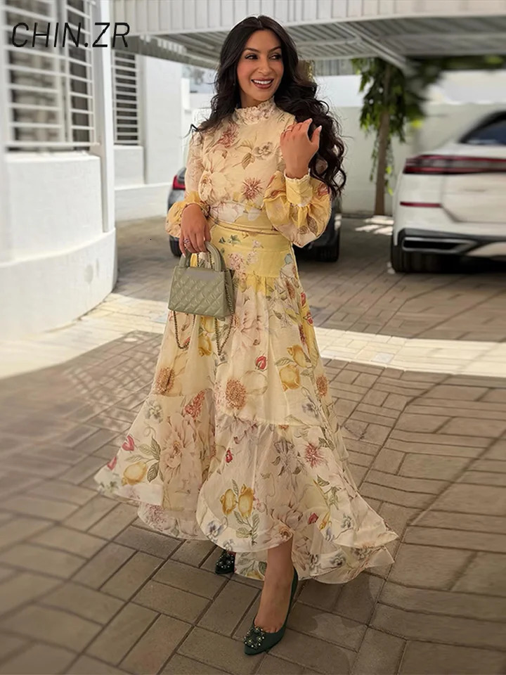 Elegant Printed Cropped Top Womens Skirt Sets High Collar Lantern Sleeve Tops Long A-line Skirts 2026 Summer Lady Party Suits 260714BJ