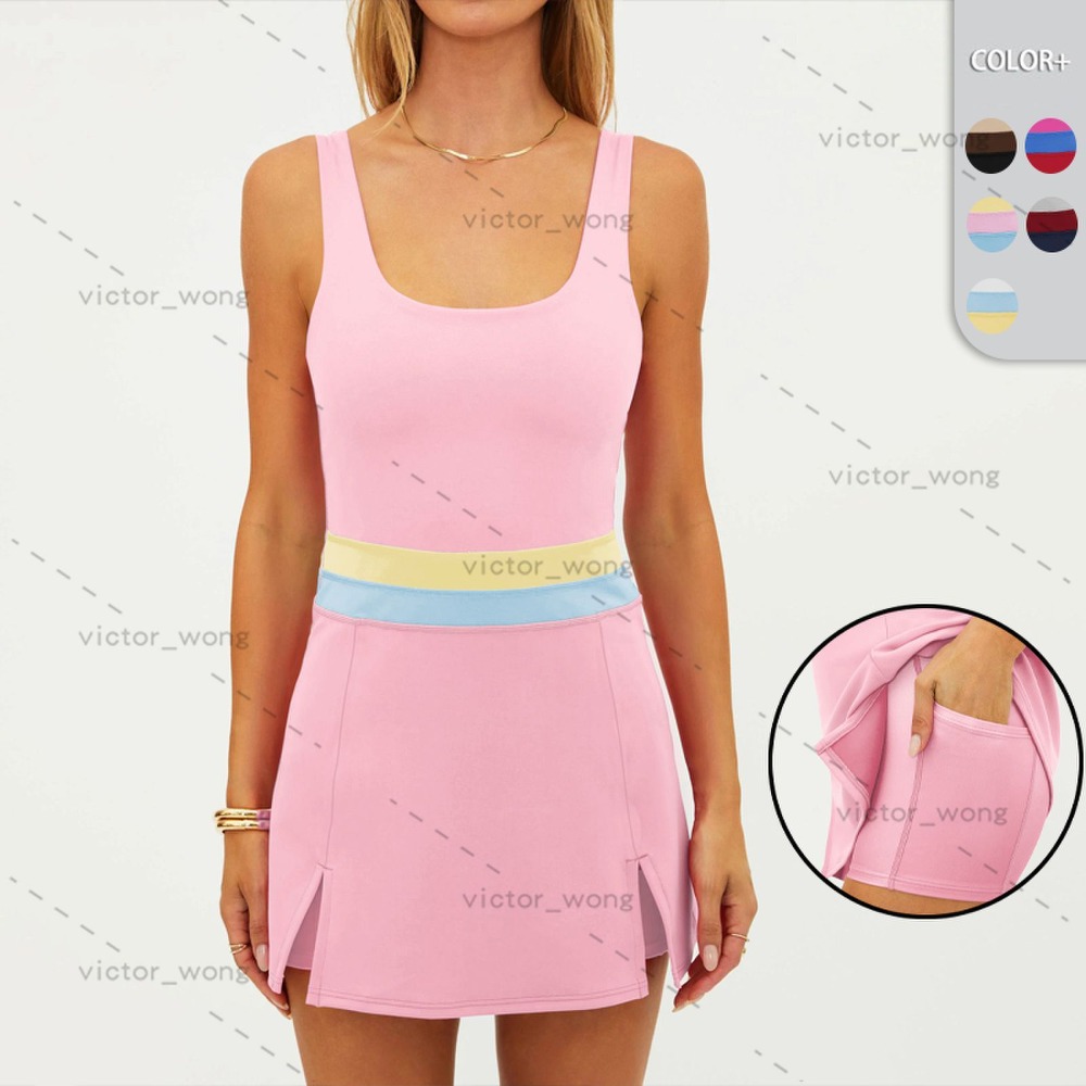 E26L2436 Designer Women Waistband Tennis Dress Square Neck Sleeveless Color Block Built-in Shorts Side Pocket Split Mini Golf Yoga Dress