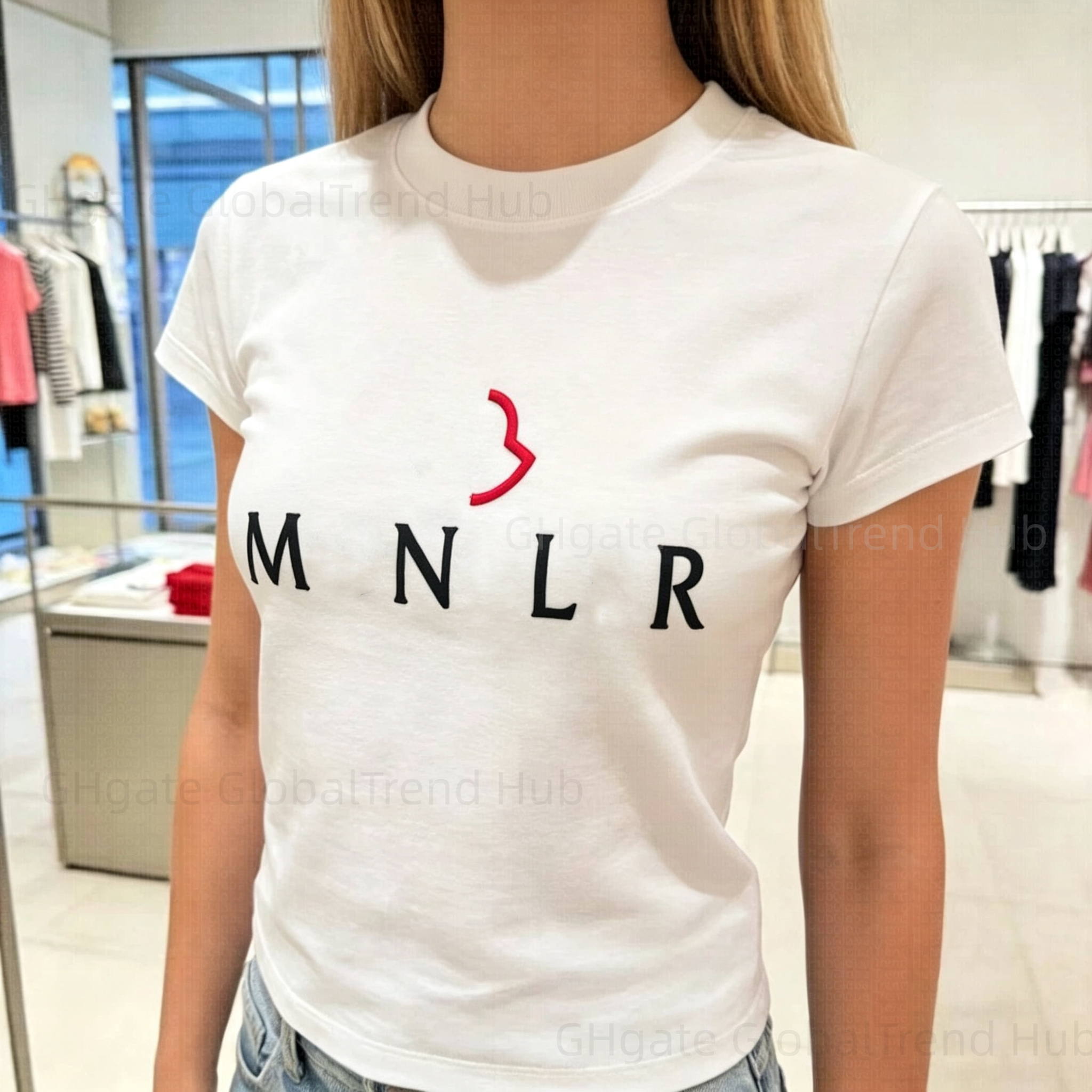 designer clothes women t shirt Women Letter Embroidery Slim Crop T-shirt, Multi Color Casual Vacation Short Sleeve Top, Crew Neck Basic Tees For Dai