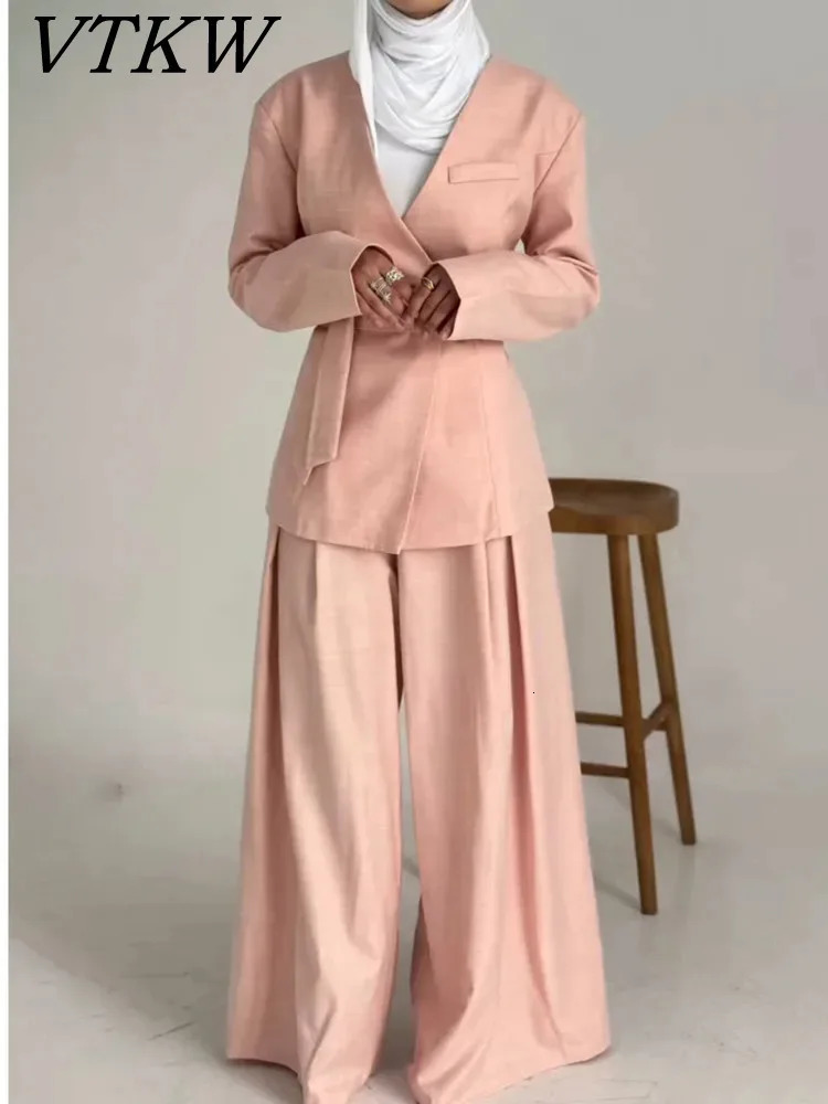 VTKW V-neck Solid Color Lace Up Waist Collection Spring Womens Blazer High-quality Loose Pants Two-piece Set 260714BJ