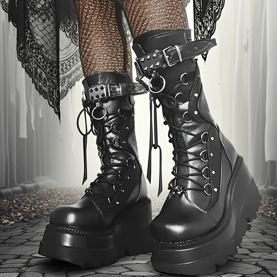 Ladies Goth Platform Boots Fashion Rivet Buckle Punk Wedges High Heels womens Boots Party Street Cosplay Woman Shoes 260714BJ