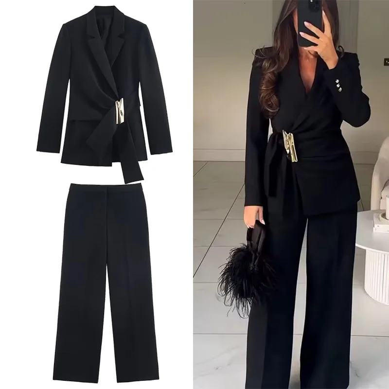 Womens Suit Pants Two-Piece Set Buckle Decoration Long Sleeve Blazer Coat Straight-Leg Pants 2 Pieces Sets Chic Woman Outfits 260714BJ