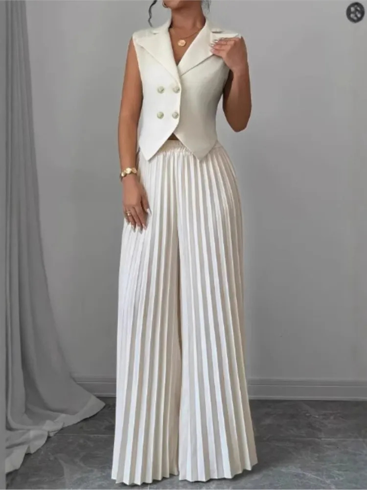 Women Fashion Solid Office Suit Casual Slim Button Two Piece Set Elegant Turn Down Collar Sleeveless BlazerPleat Pants Outfits 260714BJ