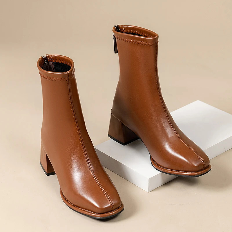 High-quality square-toe platform short boots for ladies 2025 fashion trend Wide heel back zipper large size womens boots 260714BJ
