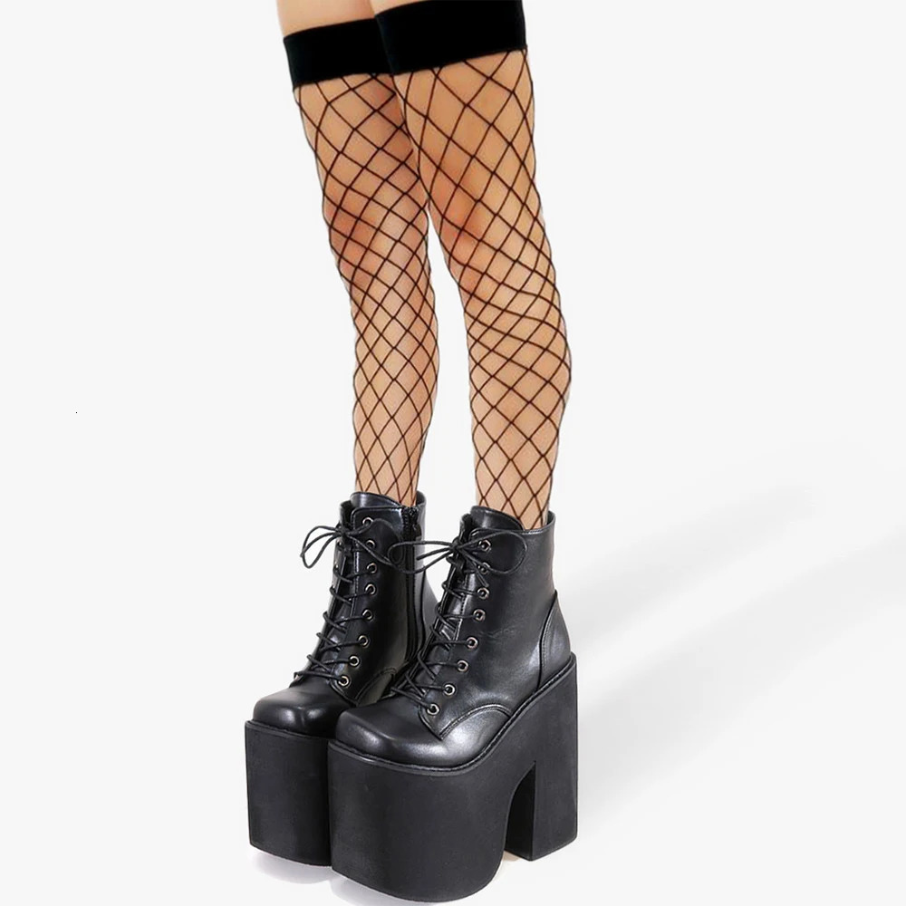 Gdgydh Womens Y2K Style Short Boots Square Closed Toe Lace Up Platform Boots High Chunky Heels Fashion Solid Color Shoes 260714BJ