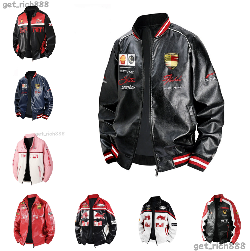 2026 Mens leather Ferrari Jacket F1 Racing Suit Retro Motorcycle locomotive PU Jacket Moto Team Rider warm coats Embroidered Windproof Stand Collar