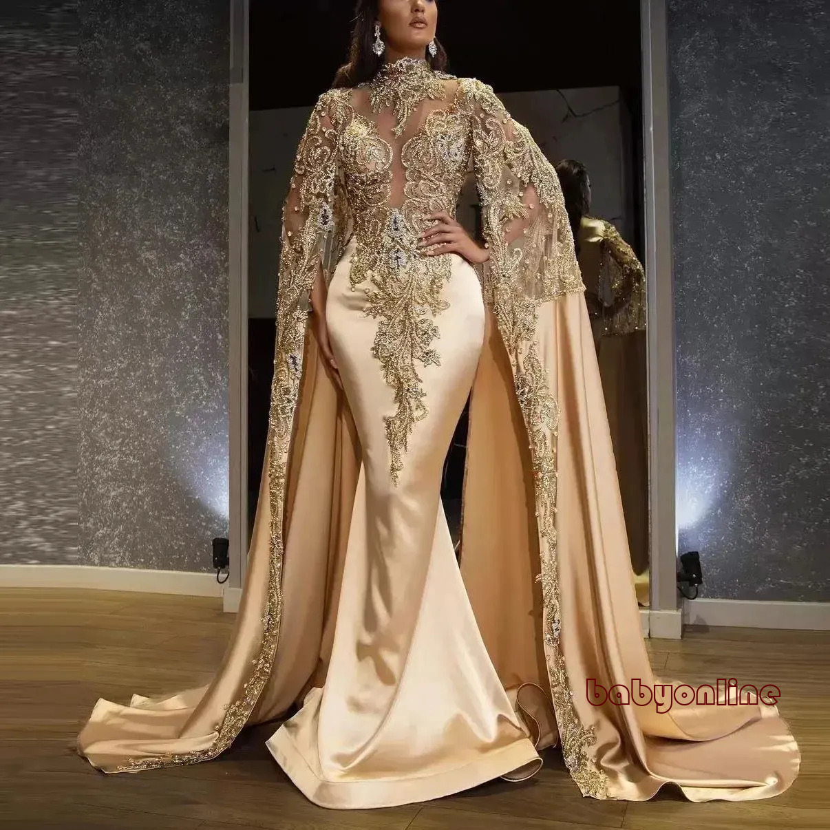 Arabic Style Mermaid Prom Dresses With Long Shawl Sparkly Lace Appliuqes Plus Size Formal Evening Robe De Soiree Luxe