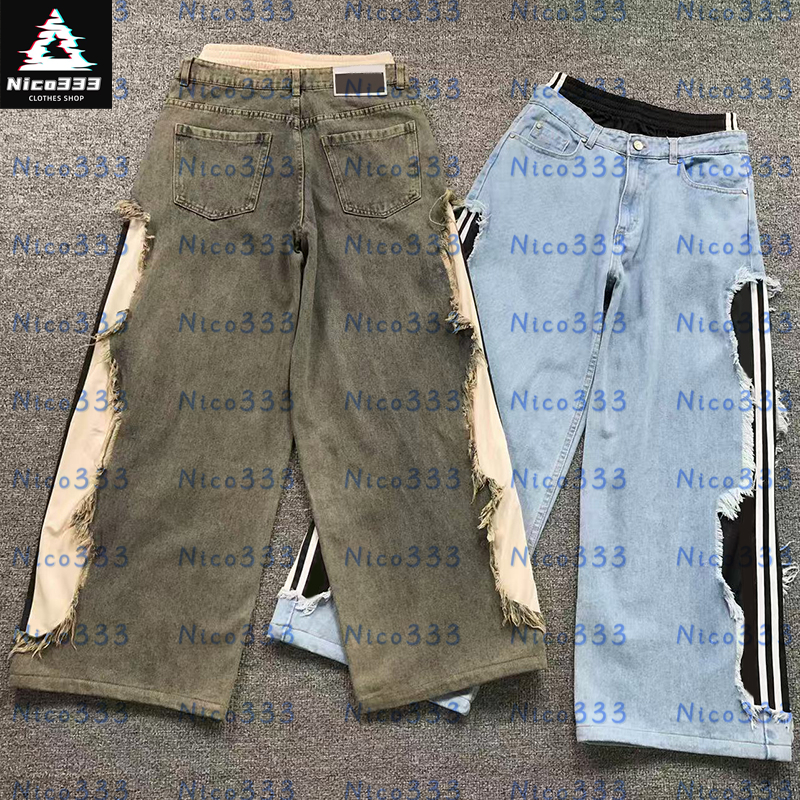 Faux two piece jeans Splicing stripes do old raw edge gray and blue loose heavyweight with label hundred street men and women casual jeans