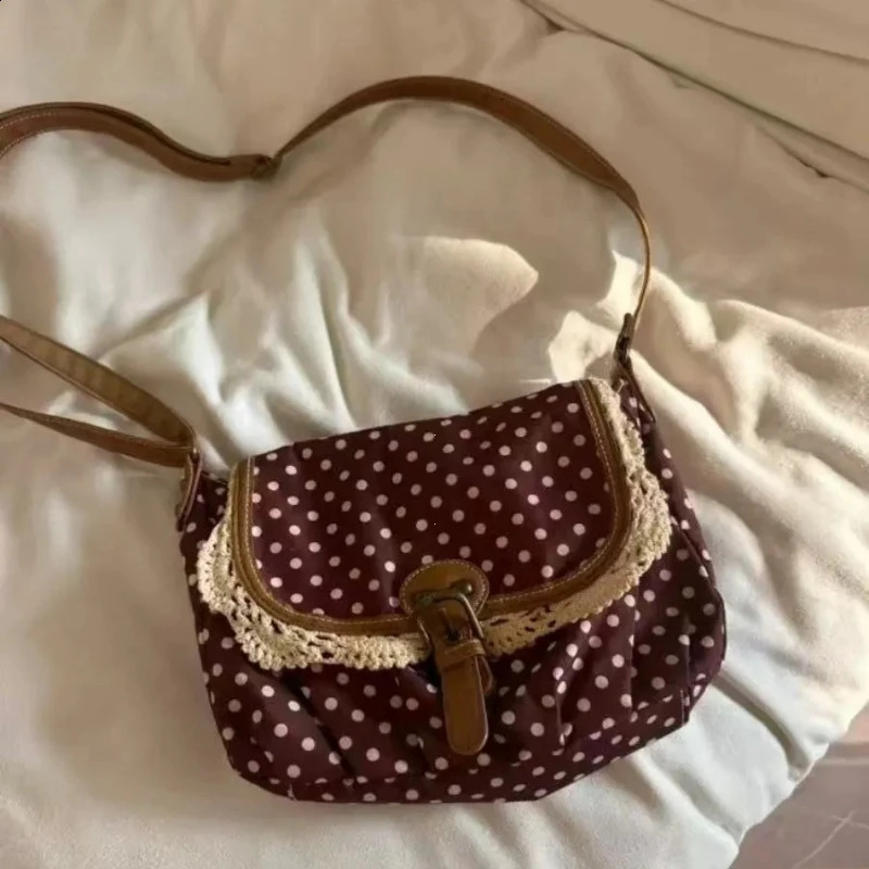 Korean Polka Dot Niche Vintage Womens Single Shoulder Crossbody Bags Fashion Polka Dot Canvas Bag 260713BJ