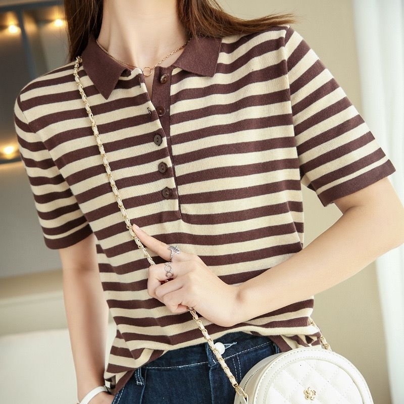 Womens Summer Cotton Yarn Knit Top Polo Collar Striped Print Slim Fit Short Sleeve Pullover Elegant Casual Wear 260707BJ
