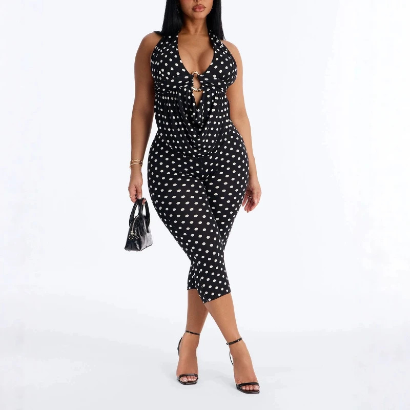 Women Summer Sexy and Fashionable Polka Dot Print Halter Neck Backless Two-piece Set Elegant Cute Black Pant Sets Vintage 260714BJ