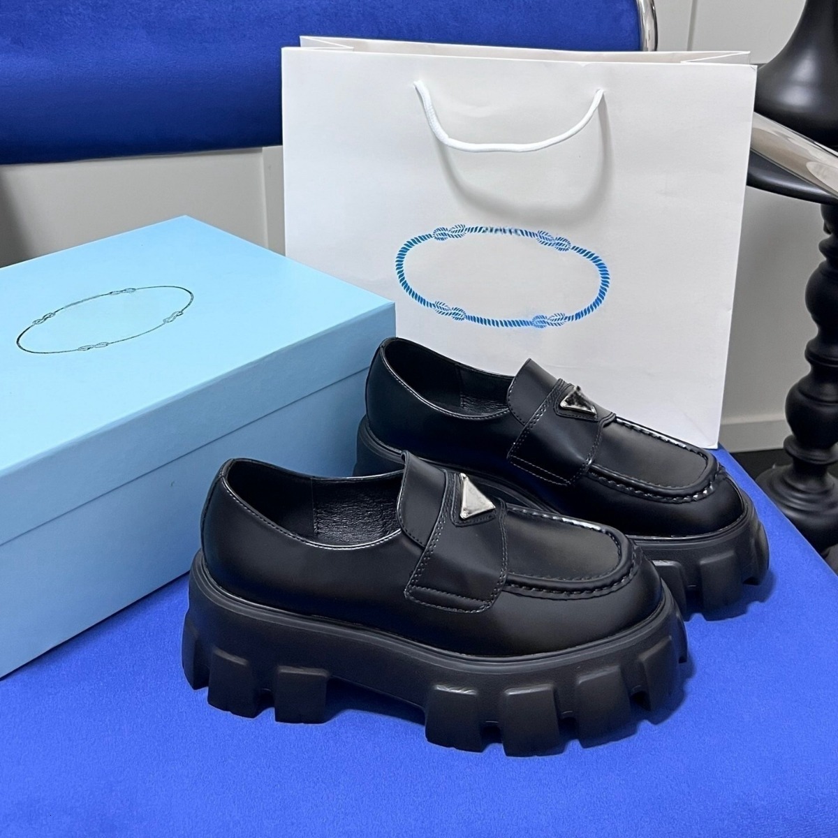p shoes women Triangle Logo monolith loafers women Luxury Casual Shoes New British Style Slip-On Platform Height Increasing Thick Sole Leather Singl