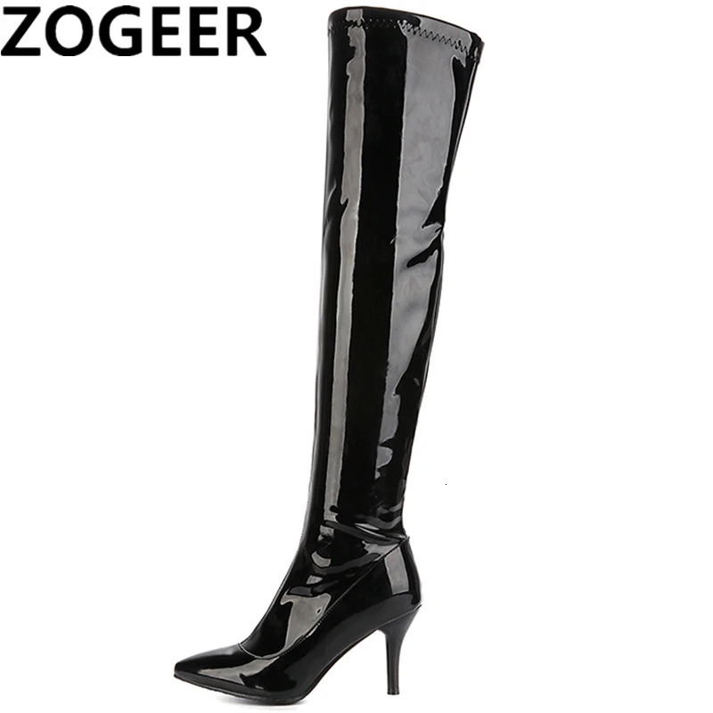 Womens Thigh High Boots Red White Black Fashion OverKnees Boot Patent Sexy Zipper Nightclub Dance Lady Long Shoes Big Size 48 260714BJ
