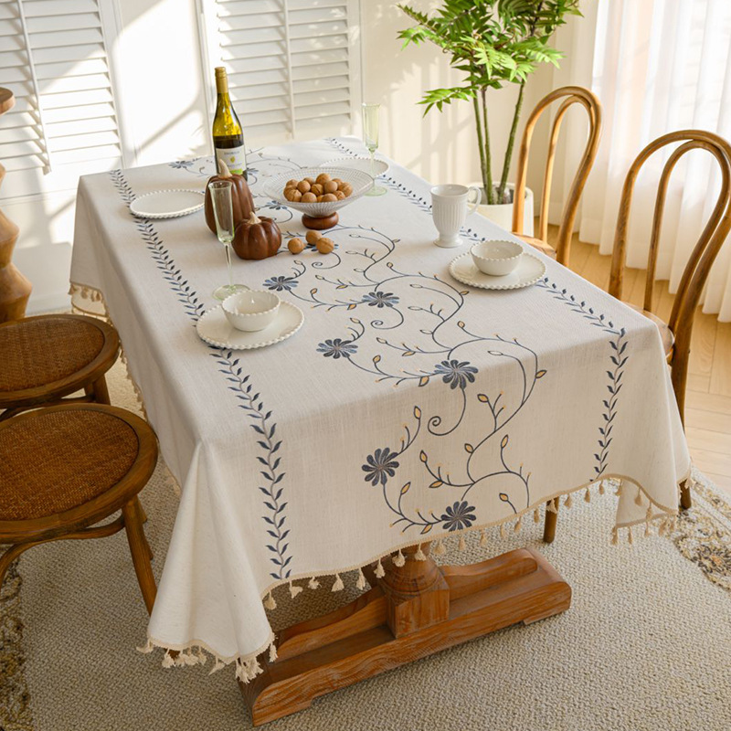 YL-38939 Nappe rectangulaire brodée en coton et lin de style britannique, design décoratif vintage.